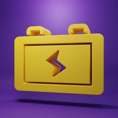 Sarı Batarya simgesi mor arkaplanda izole edildi. Şimşek sembolü. Minimalizm kavramı. 3 Boyutlu resimleme .