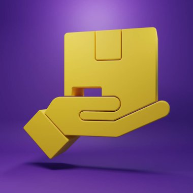 Sarı Teslimat sigorta ikonu mor arka planda izole edilmiş. Kalkanın ötesinde sigorta kutuları var. Minimalizm kavramı. 3 Boyutlu resimleme .