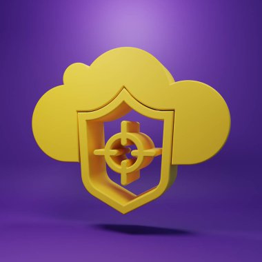 Sarı Bulut ve kalkan simgesi mor arkaplanda izole edilmiş. Bulut depolama veri koruması. Güvenlik, güvenlik, koruma, gizlilik kavramı. Minimalizm kavramı. 3 Boyutlu resimleme .