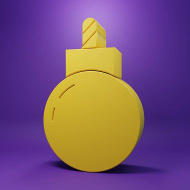 Sarı Bomba, mor arka planda izole edilmiş ikonu patlatmaya hazır. Minimalizm kavramı. 3 Boyutlu resimleme .