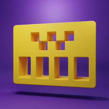 Sarı Taksimetre aygıtı simgesi mor arkaplanda izole edildi. Taksi vagonundaki yolcu ücreti için ölçü aleti. Minimalizm kavramı. 3 Boyutlu resimleme .