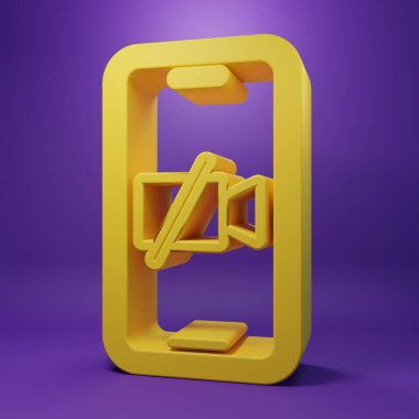 Mor arkaplanda izole edilmiş gezici ekran simgesinde sarı video kamera kapalı. Video yok. Minimalizm kavramı. 3 Boyutlu resimleme .