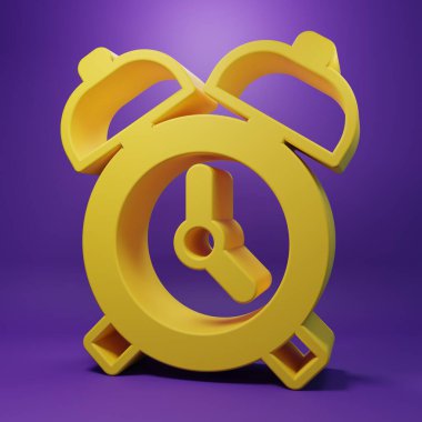 Sarı Alarm saat simgesi mor arkaplanda izole edildi. Uyan, kalk konsepti. Zaman işareti. Minimalizm kavramı. 3 Boyutlu resimleme .