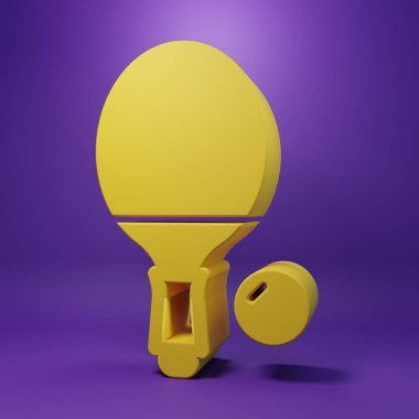 Masa tenisi ikonu oynamak için sarı raket, mor arka planda izole edilmiş. Minimalizm kavramı. 3 Boyutlu resimleme .