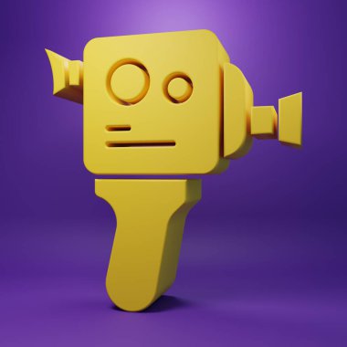 Sarı Retro sinema kamerası ikonu mor arkaplanda izole edilmiş. Video kamera. Film tabelası. Film projektörü. Minimalizm kavramı. 3 Boyutlu resimleme .