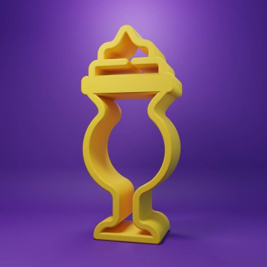 Sarı milkshake simgesi mor arkaplanda izole edildi. Kapaklı ve samanlı plastik bardak. Minimalizm kavramı. 3 Boyutlu resimleme .