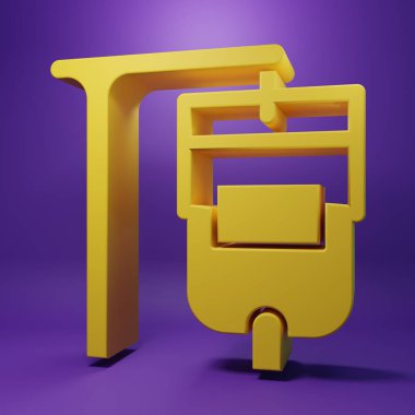 Sarı serum torbası simgesi mor arkaplanda izole edildi. Kan torbası. Kan bağışı konsepti. Tedavi ve terapi kavramı, kemoterapi. Minimalizm kavramı. 3 Boyutlu resimleme .