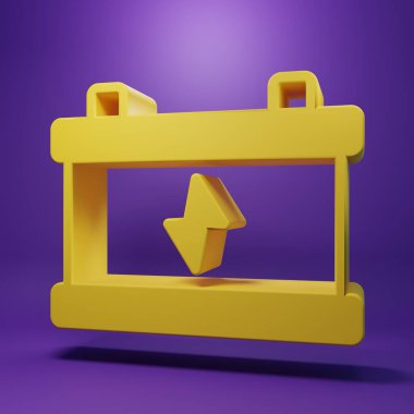 Sarı araba akü ikonu mor arka planda izole edildi. Akümülatör bataryası enerji ve elektrik akümülatörü bataryası. Minimalizm kavramı. 3 Boyutlu resimleme .