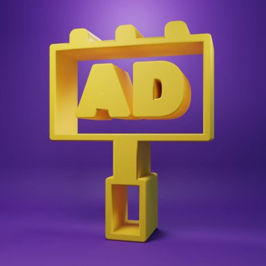 Sarı reklam simgesi mor arkaplanda izole edildi. Pazarlama ve tanıtım süreci kavramı. İlgili reklamlar. Sosyal medya reklamcılığı. Minimalizm kavramı. 3 Boyutlu resimleme .