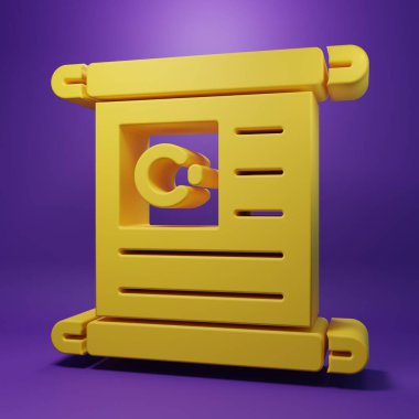 Sarı kutsal Kur 'an ikonu. Mor arka planda izole edilmiş. Müslüman bayramı, Kurban Bayramı, Kurban Bayramı, Ramazan Kareem. Minimalizm kavramı. 3 Boyutlu resimleme.