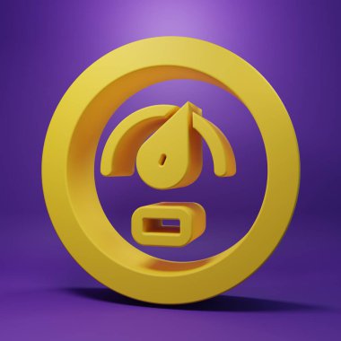 Sarı Dijital hız ölçer konsepti simgesi mor arkaplanda izole edildi. Küresel ağ yüksek hızlı bağlantı veri oranı teknolojisi. Minimalizm kavramı. 3 Boyutlu resimleme.