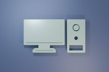Gri Bilgisayar monitörü simgesi mor-mavi arkaplanda izole edildi. Bilgisayar bileşeni işareti. Minimalizm kavramı. 3 Boyutlu resimleme.