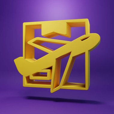 Sarı Uçak ve karton kutu simgesi mor arkaplanda izole edilmiş. Teslimat, ulaşım. Kargo hava yoluyla geliyor. Paketli uçaklar, kutular. Minimalizm kavramı. 3 Boyutlu resimleme.