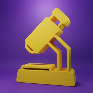 Sarı mikroskop simgesi mor arkaplanda izole edildi. Kimya, ilaç aleti, mikrobiyoloji büyütme aracı. Minimalizm kavramı. 3 Boyutlu resimleme.