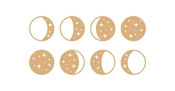 Moon Phase Linear Icons Stars Gold Crescent Moon Astronomic Boho — Stock Vector