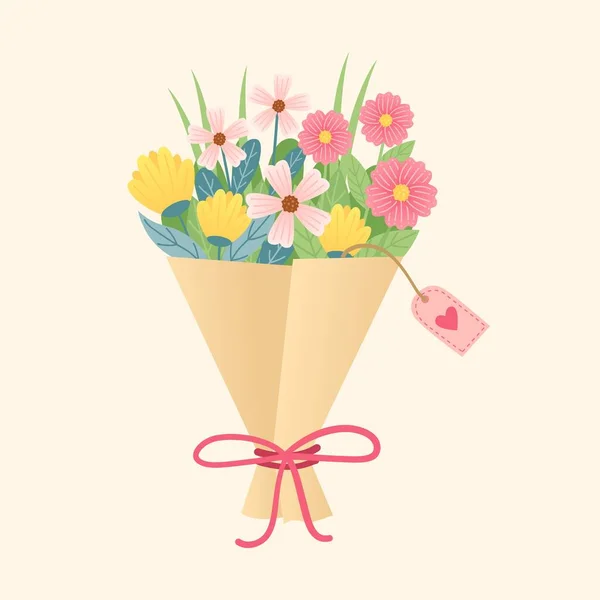 可愛い春の花の花束 ベクターイラストフラット漫画風グリーティングカードテンプレート — ストックベクタ