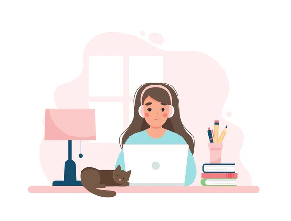 Woman Working Computer Home Office Student Freelancer Customer Service Call — Vector de stock