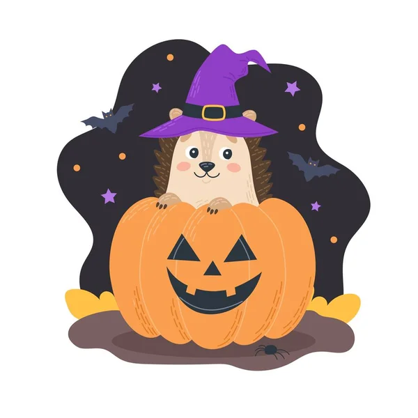 Halloween Personagem Bonito Ouriço Vestindo Chapéu Bruxa Com Uma Abóbora —  Vetores de Stock