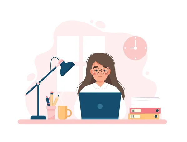 Mulher Trabalhando Com Computador Trabalhador Escritório Home Office Conceito Bonito — Vetor de Stock