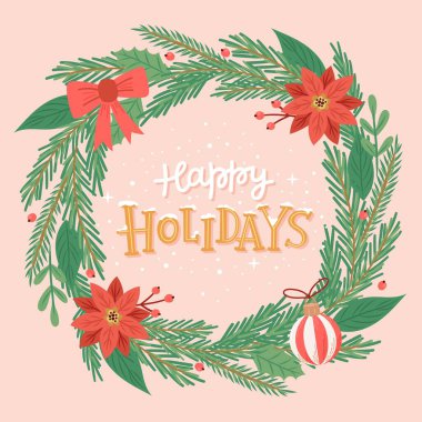 Noel çelengi, elle çizilmiş ilke ve harflerle. Tebrik kartı şablonu. Gösterişli vektör illüstrasyonu düz çizgi film biçimi