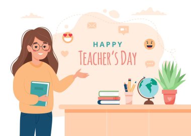 Female teacher in classroom. School and learning concept, teacher s day. Cute vector illustration flat cartoon style