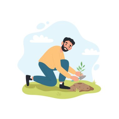 Man planting garden flowers in soil. Male working in garden. Cute vector illustartion flat cartoon style