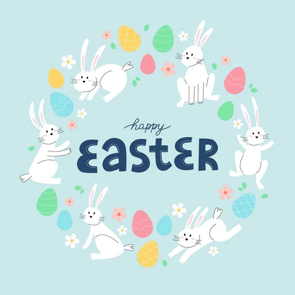 Feliz Tarjeta Pascua Con Letras Conejos Huevos Minimalista Vacaciones Vector — Vector de stock