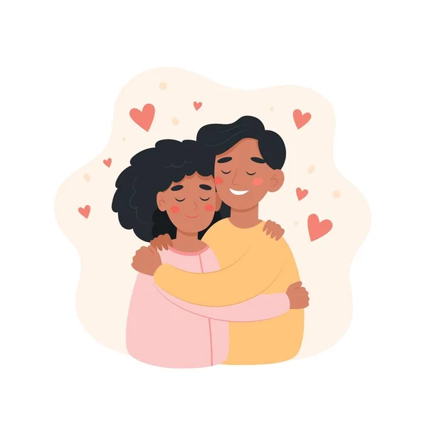 快乐的国际夫妻不同种族的男人和女人互相拥抱 可爱的矢量插图平面卡通风格 — 图库矢量图片