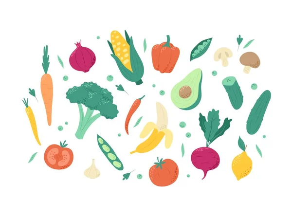 Fruits Légumes Ensemble Aliments Végétariens Végétaliens Sains Illustration Vectorielle Dessinée — Image vectorielle