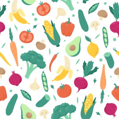 Meyveler ve sebzeler. Sağlıklı vejetaryen ya da vejetaryen yemekleri. El çizimi vektör illüstrasyon eğilimi minimalist stili