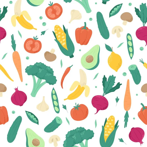 Patrón Frutas Verduras Comida Vegetariana Vegana Saludable Ilustración Vectorial Dibujada — Vector de stock