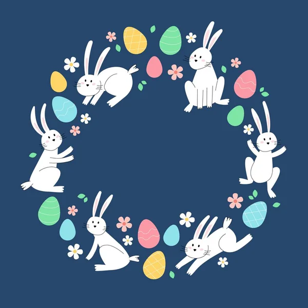 Счастливая Пасхальная Открытка Кроликами Яйцами Минималистская Праздничная Векторная Иллюстрация Круговой — стоковый вектор