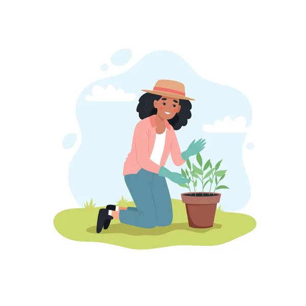 Mujer Negra Cuidando Planta Jardinero Femenino Primavera Lindo Vector Illustartion — Vector de stock