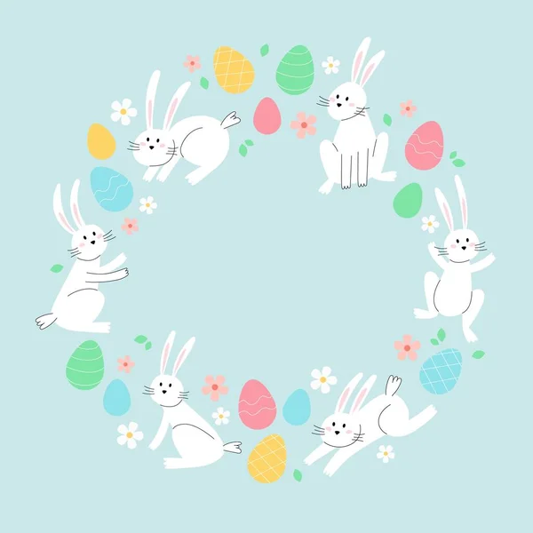 Счастливая Пасхальная Открытка Кроликами Яйцами Минималистская Праздничная Векторная Иллюстрация Круговой — стоковый вектор