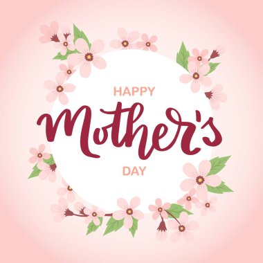 Anneler günü afişi, kiraz çiçeği, tebrik kartı şablonu, vektör illüstrasyon el yazması.
