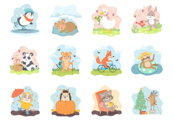 Niedliche Tiere Verschiedenen Saisonalen Szenen Set Für Kalenderkarten Niedliche Tiere — Stockvektor