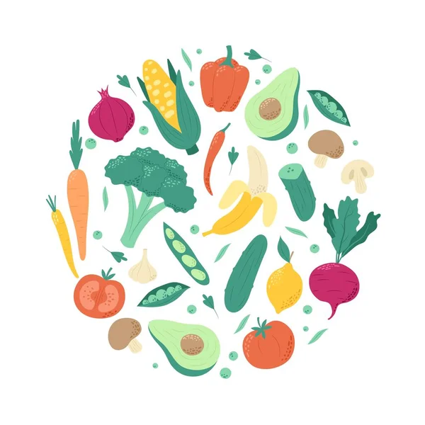 Frutas Verduras Conjunto Alimentos Vegetarianos Saludables Forma Redonda Ilustración Vectorial — Vector de stock