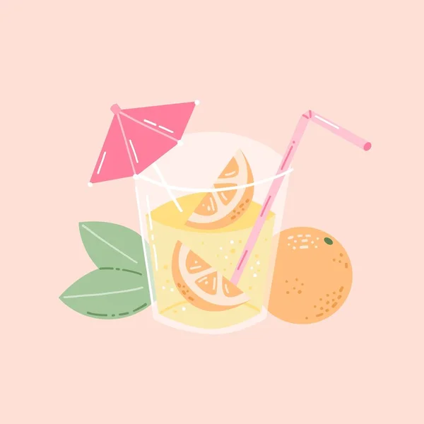 Summer Fruit Drink Cocktail Umbrella Straw Citrus Slices Hand Drawn — Stock Vector