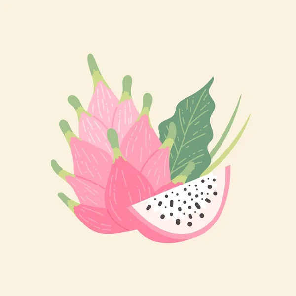 Dragon Fruit Pitaya Fruits Entiers Tranche Illustration Vectorielle Tendance Colorée — Image vectorielle