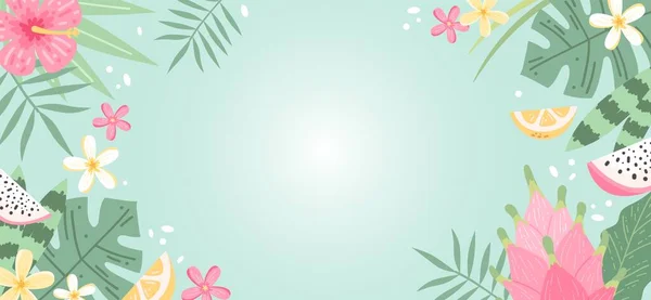 Sommerhintergrund Mit Blüten Und Blättern Hibiskus Und Federkleid Handgezeichnete Bunte — Stockvektor