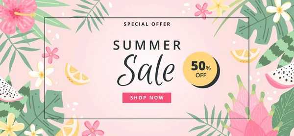 Sommar Försäljning Banner Med Blommor Blad Och Frukter Handritad Mall — Stock vektor