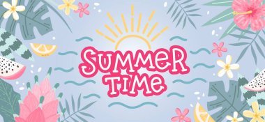 Merhaba Summer, dizaynlar ve baskılar için güneş ve dalgalarla dolu harfler. El çizimi vektör illüstrasyonu