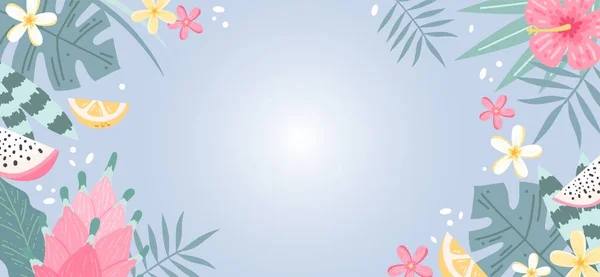Fond Été Avec Des Fleurs Des Feuilles Hibiscus Plumeria Illustration — Image vectorielle