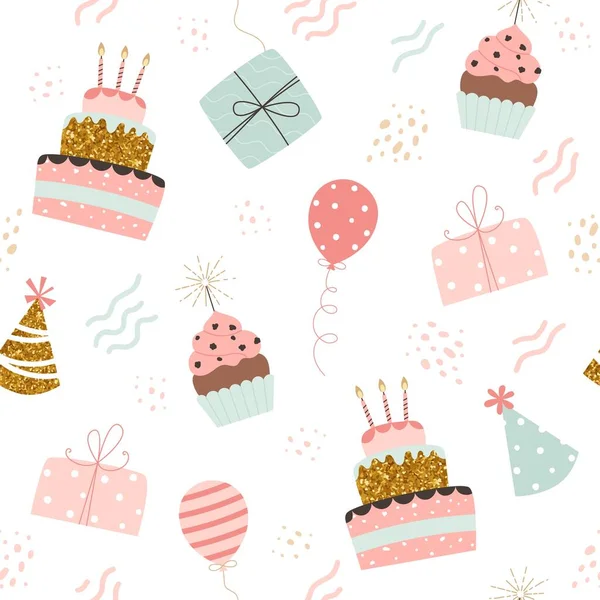 Happy Birthday Pattern Cakes Balloons Gifts Party Hats Festive Background — Stock Vector
