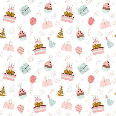 Doğum günün kutlu olsun. Pastalar, balonlar, hediyeler ve parti şapkaları. Basit biçim vektör illüstrasyonunda şenlikli arkaplan