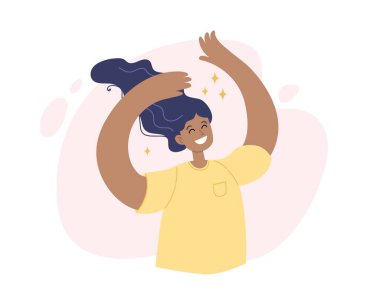 Zaferi ya da gol başarısını kutlayan bir kadın. Mutlu Afro-Amerikan kadın karakter elleri havada, düz çizgi film çizimi