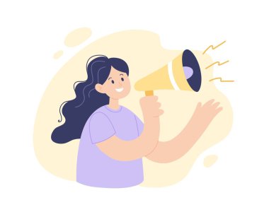 Megafonlu kadın konuşuyor. Kadın karakter konsepti duyuru, reklam, promosyon, düz çizgi film vektör illüstrasyonu.