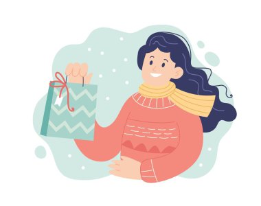 Noel hediyeli bir kadın. Şenlikli kış konsepti. Vektör illüstrasyonu basit biçimi