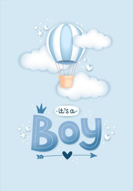 Bir oğlan, 3 boyutlu harfler ve sıcak hava balonu. Bebek partisi kartı. Gerçekçi bir şekilde hoş bir illüstrasyon..