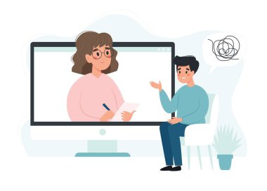 İnternette psikoterapi. Ekranda psikologla konuşan bir adam. Ruh sağlığı konsepti, vektör illüstrasyonu